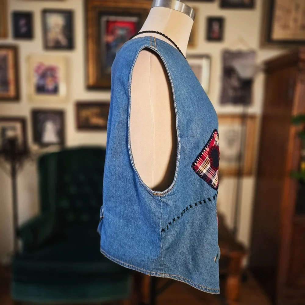 Talk of America Denim Vest Vintage 90s‎ Embroidered Patchwork Country Boho Large